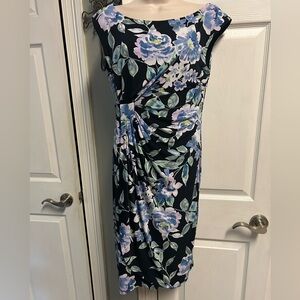 Connected Apparel Navy Floral Dress Faux Wrap Side Ruching Flattering Midi Knit